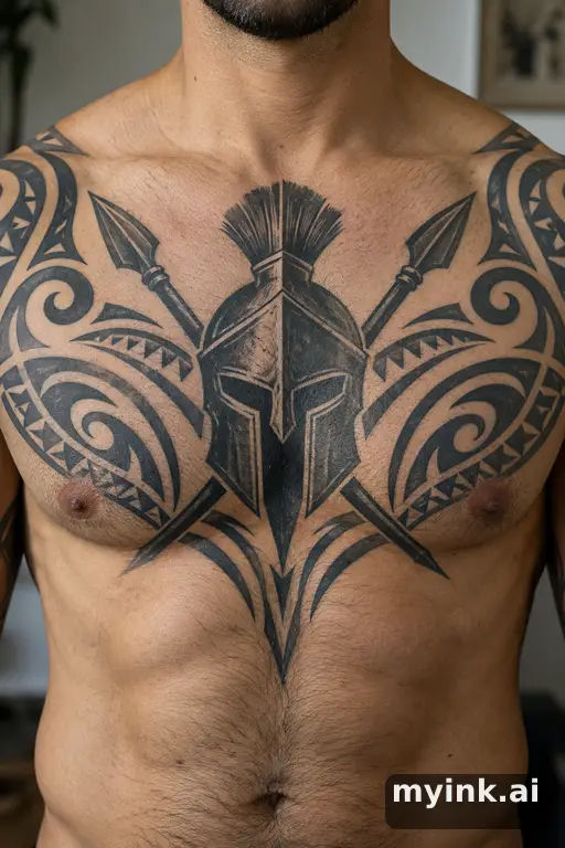 Spartan helmet with crossed spears — Tribal Chest Tattoo reference image