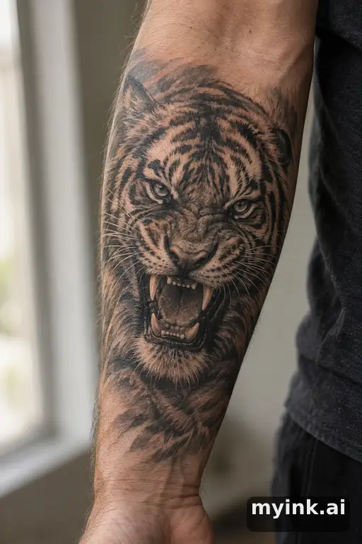 Roaring tiger — Realistic Forearm Tattoo reference image