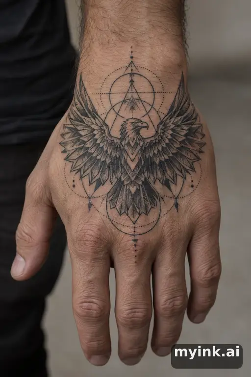 Eagle with spread wings — Geometric Hand Tattoo reference image