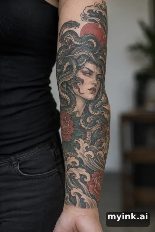 Medusa head with snake hair — Japanese Forearm Tattoo reference image