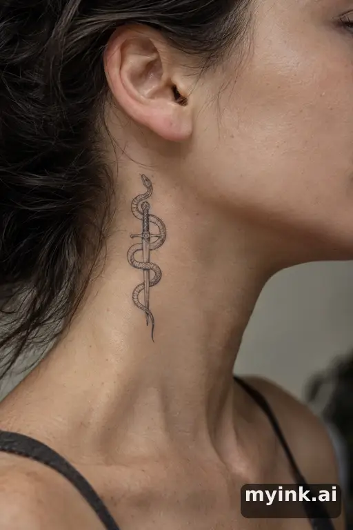 Snake wrapped around a dagger — Minimalist Neck Tattoo reference image