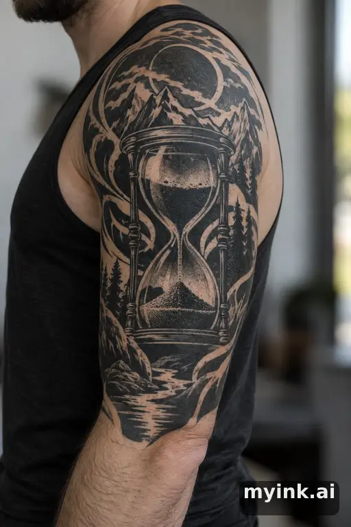 Hourglass with sand running β Blackwork Half Sleeve Tattoo reference image