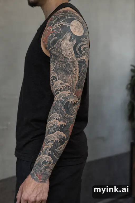 Wolf howling at the moon — Japanese Sleeve Tattoo reference image