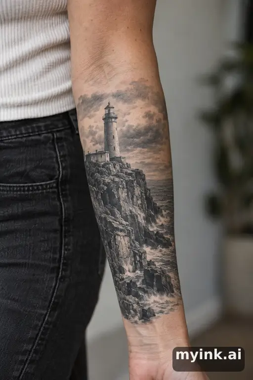 Lighthouse on a rocky cliff — Realistic Forearm Tattoo reference image