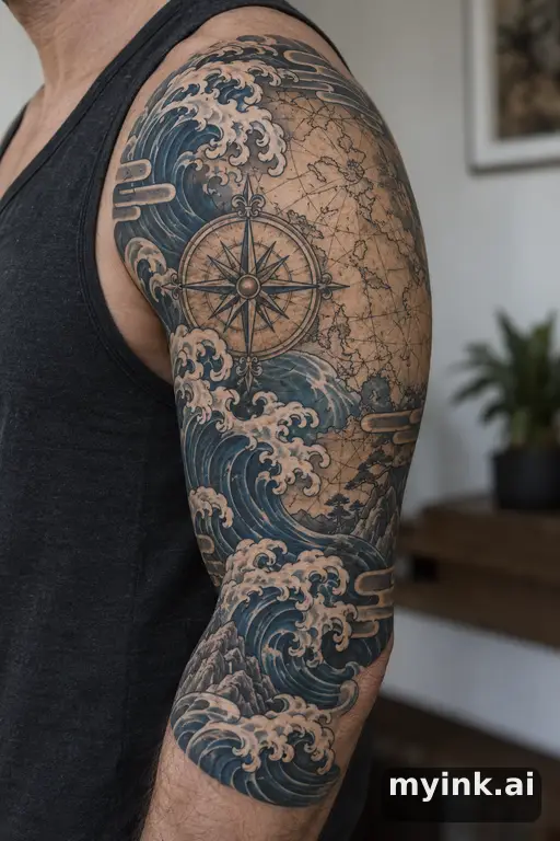 Compass over a vintage map β Japanese Half Sleeve Tattoo reference image