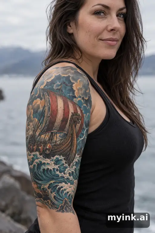 Viking longship on stormy seas — Neo-Traditional Half Sleeve Tattoo reference image