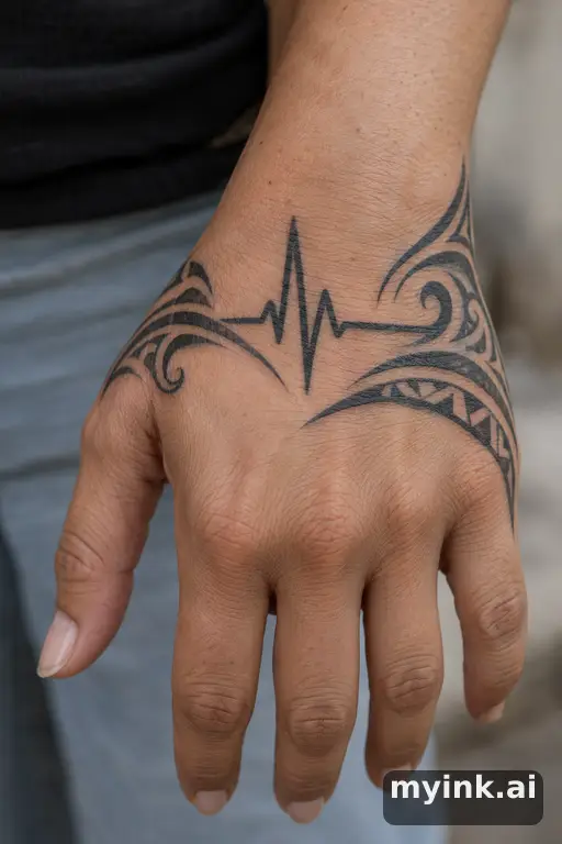 Heartbeat line — Tribal Hand Tattoo reference image