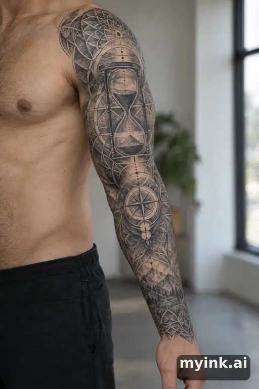 Hourglass with sand running — Geometric Sleeve Tattoo reference image