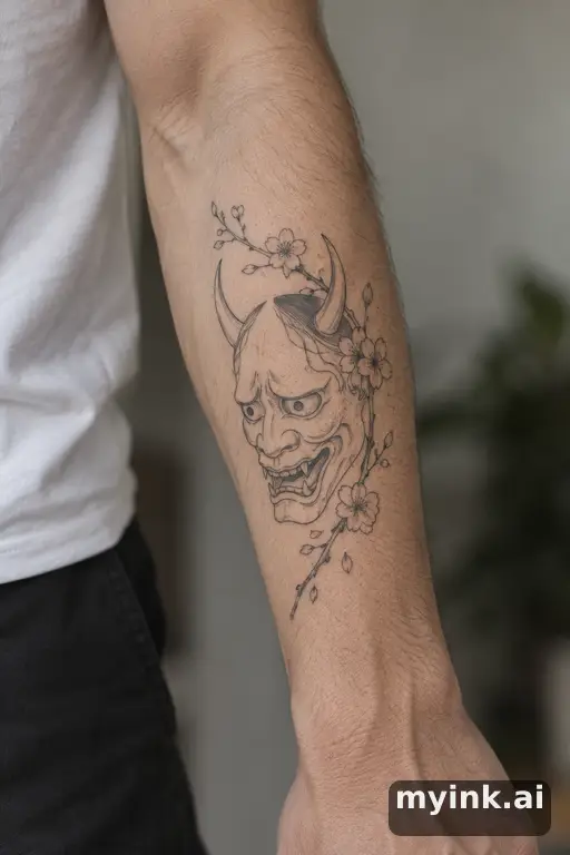 Hannya mask with cherry blossoms — Minimalist Forearm Tattoo reference image