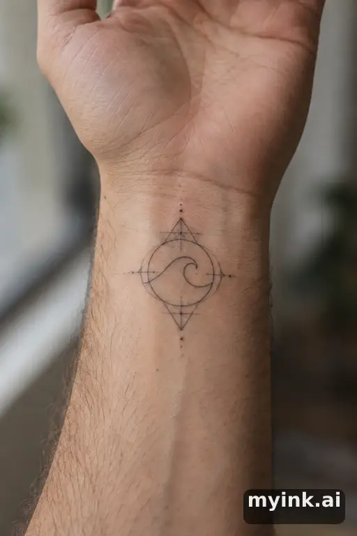 Single-line ocean wave — Geometric Wrist Tattoo reference image