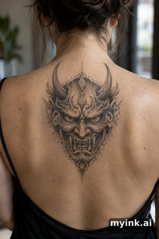 Oni demon mask β Dotwork Back Tattoo reference image