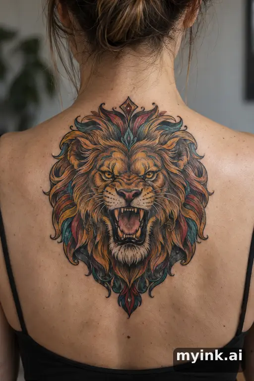 Roaring lion head β Neo-Traditional Back Tattoo reference image