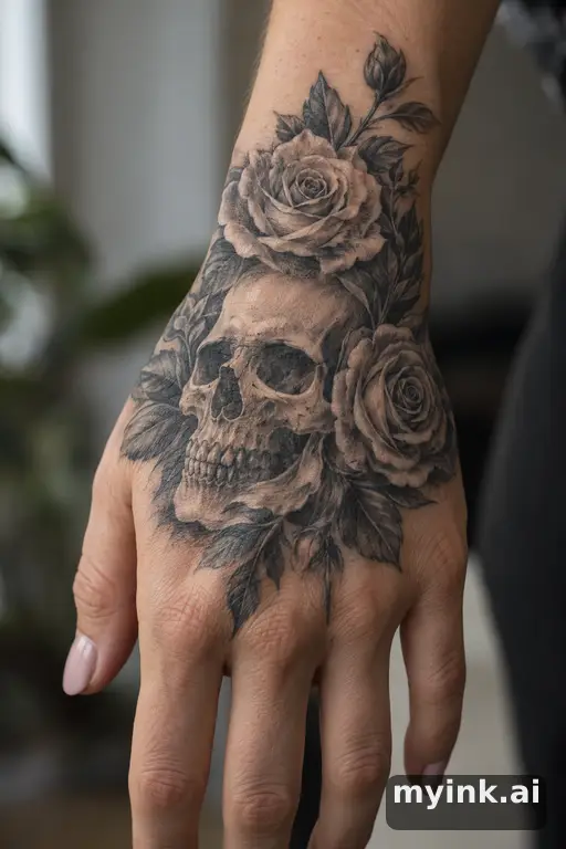 Skull wrapped in roses — Realistic Hand Tattoo reference image