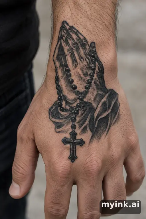 Praying hands holding a rosary cross — Blackwork Hand Tattoo reference image