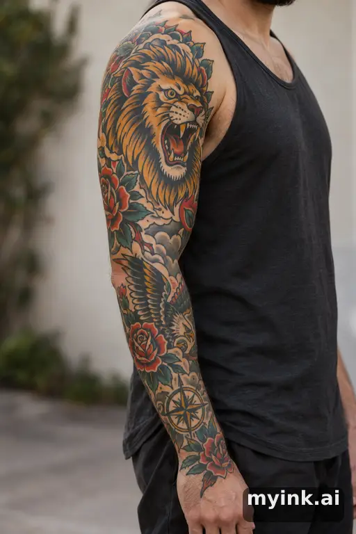 Roaring lion head — Traditional Sleeve Tattoo reference image