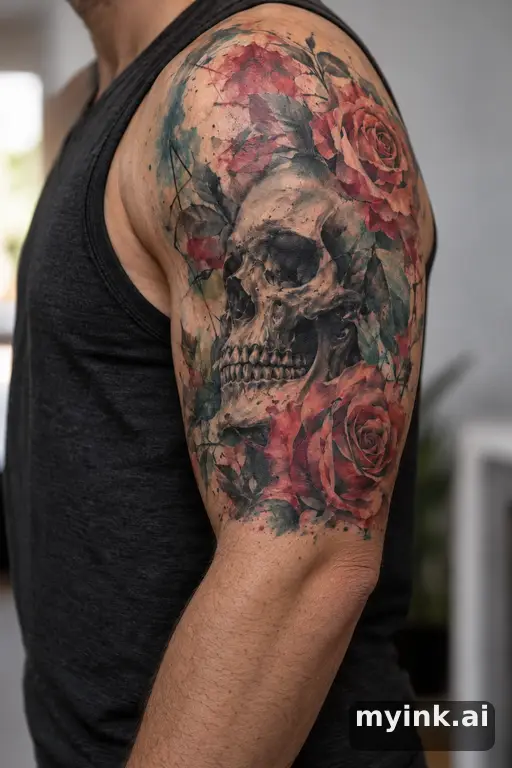 Skull wrapped in roses β Watercolor Half Sleeve Tattoo reference image