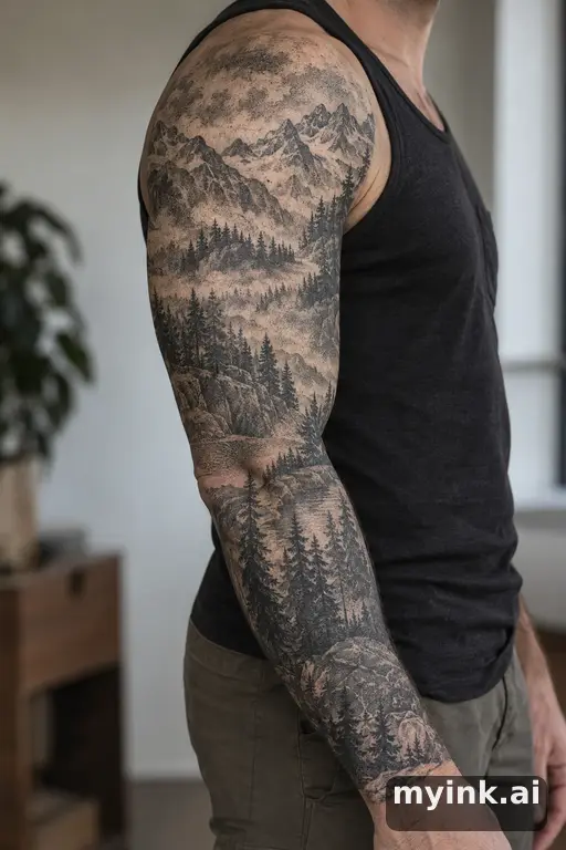 Mountain range with a pine forest — Dotwork Sleeve Tattoo reference image