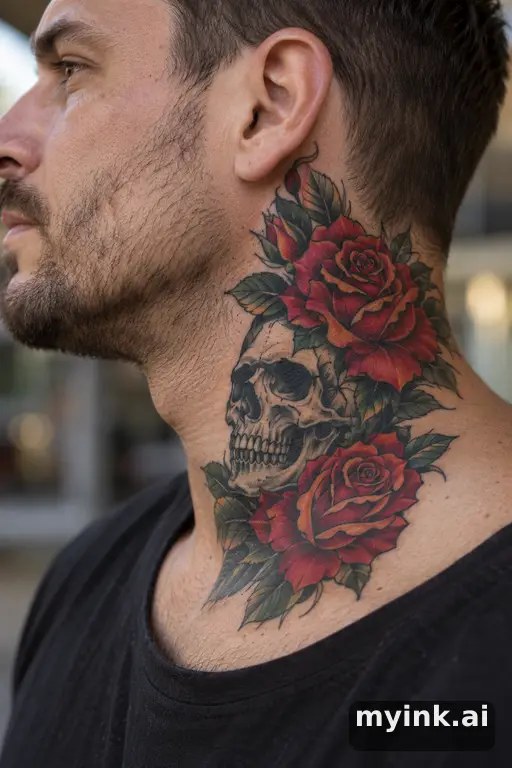Skull wrapped in roses — Neo-Traditional Neck Tattoo reference image