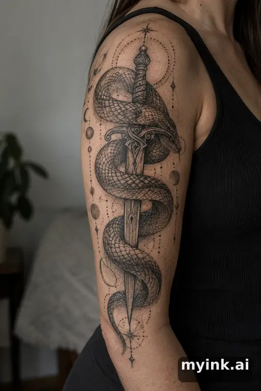 Snake wrapped around a dagger — Dotwork Half Sleeve Tattoo reference image