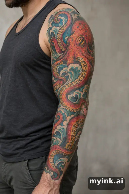 Octopus with curling tentacles — Traditional Sleeve Tattoo reference image