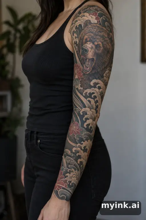 Grizzly bear head — Japanese Sleeve Tattoo reference image