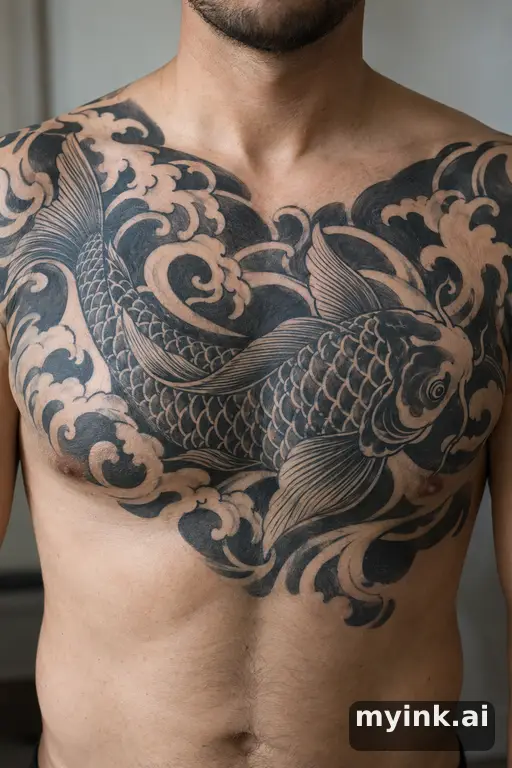 Koi fish swimming through waves — Blackwork Chest Tattoo reference image