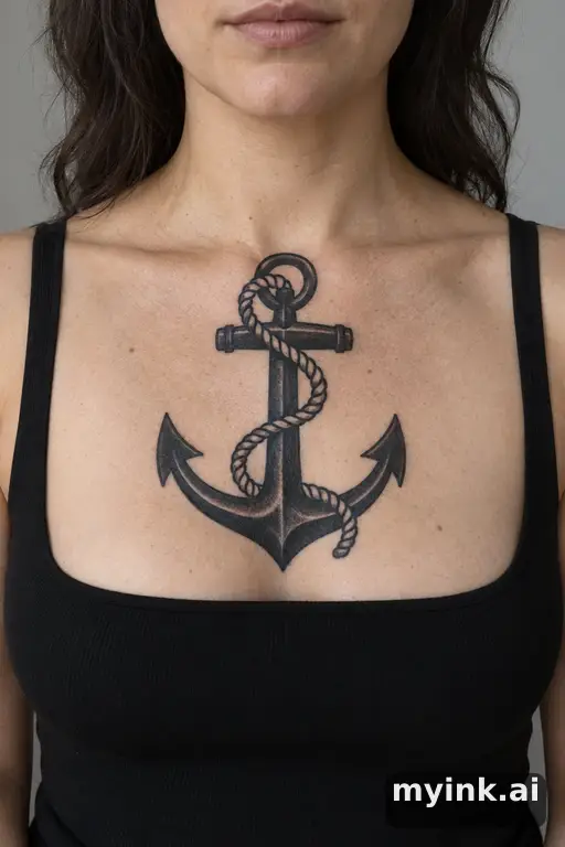 Ship anchor with rope — Blackwork Chest Tattoo reference image