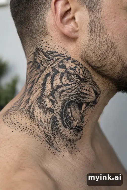 Roaring tiger — Dotwork Neck Tattoo reference image
