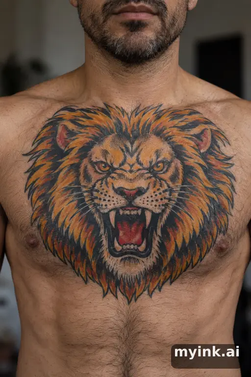 Roaring lion head — Traditional Chest Tattoo reference image
