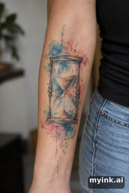 Hourglass with sand running — Watercolor Forearm Tattoo reference image