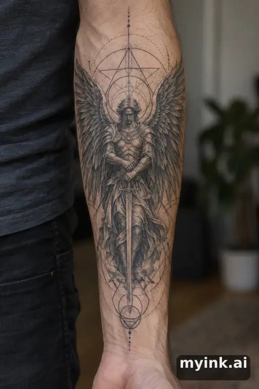 Warrior angel with spread wings — Geometric Forearm Tattoo reference image