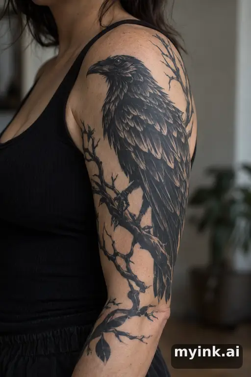 Raven perched on a branch — Blackwork Half Sleeve Tattoo reference image