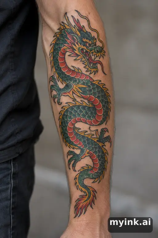 Coiled dragon — Traditional Forearm Tattoo reference image