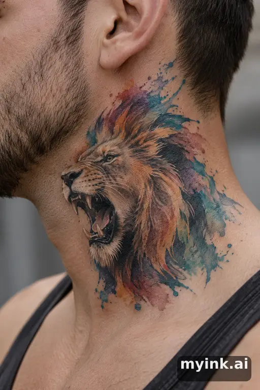 Roaring lion head — Watercolor Neck Tattoo reference image