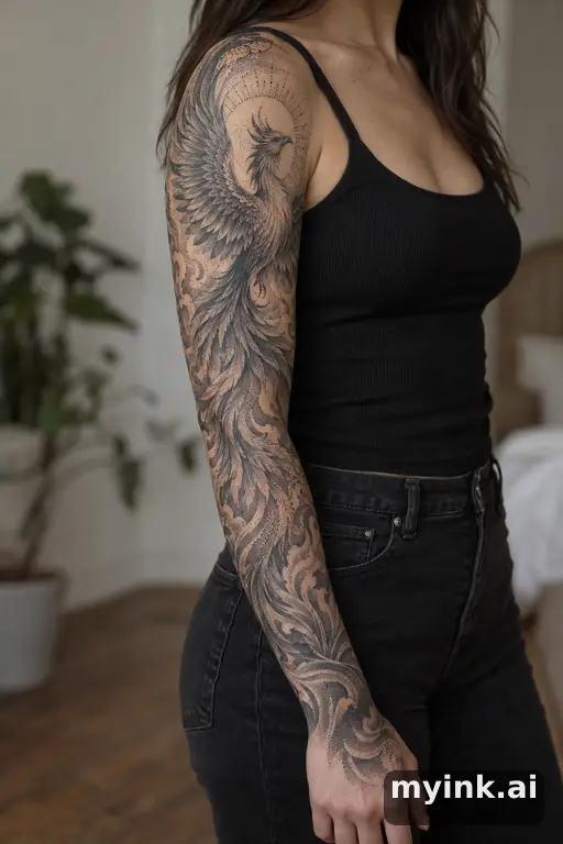 Phoenix rising from flames — Dotwork Sleeve Tattoo reference image