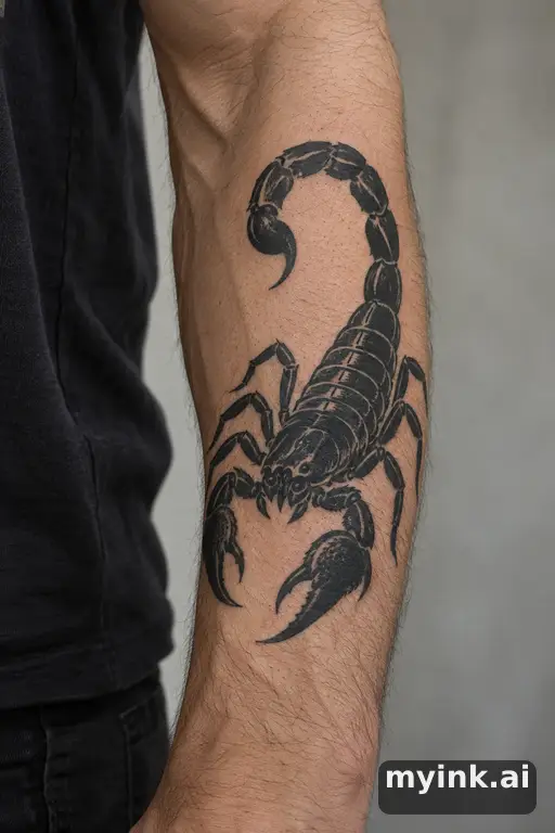 Scorpion with raised tail — Blackwork Forearm Tattoo reference image