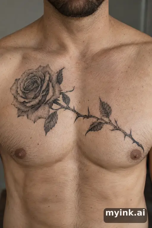 Rose with thorny stem — Dotwork Chest Tattoo reference image