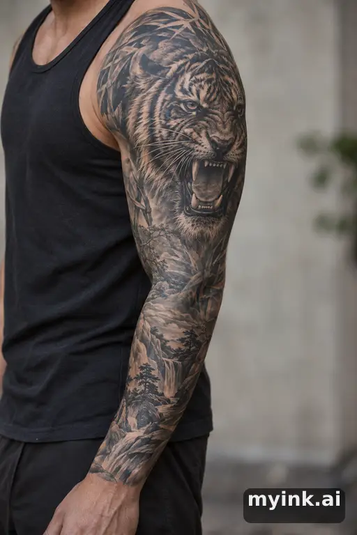 Roaring tiger — Realistic Sleeve Tattoo reference image