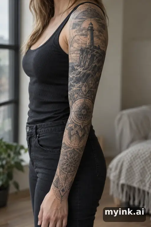 Lighthouse on a rocky cliff — Geometric Sleeve Tattoo reference image
