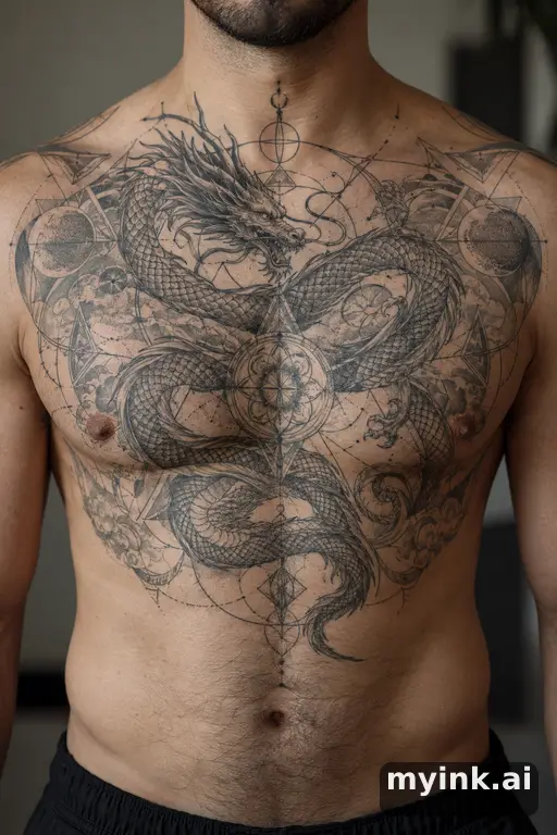 Coiled dragon — Geometric Chest Tattoo reference image
