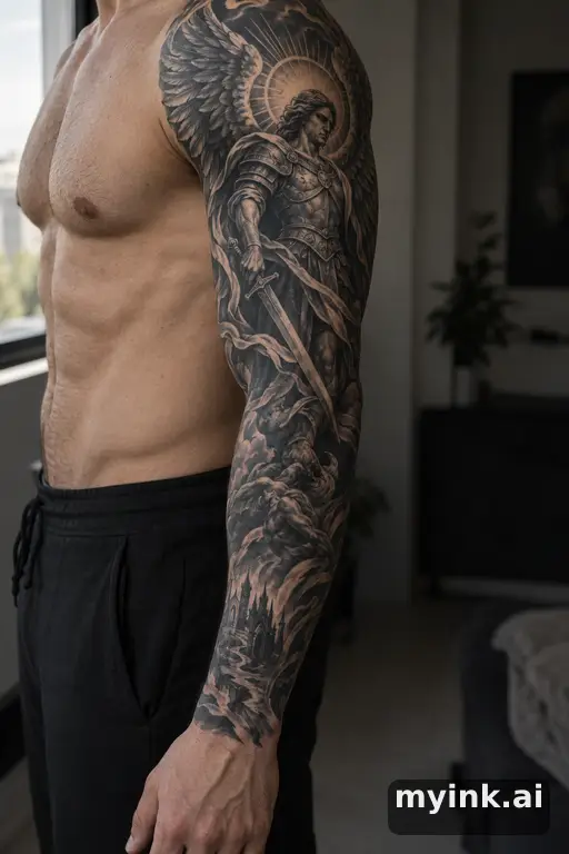 Warrior angel with spread wings — Blackwork Sleeve Tattoo reference image