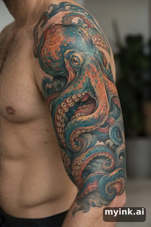 Octopus with curling tentacles β Neo-Traditional Half Sleeve Tattoo reference image
