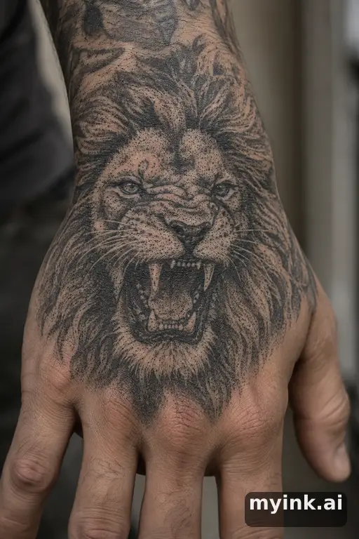 Roaring lion head — Dotwork Hand Tattoo reference image
