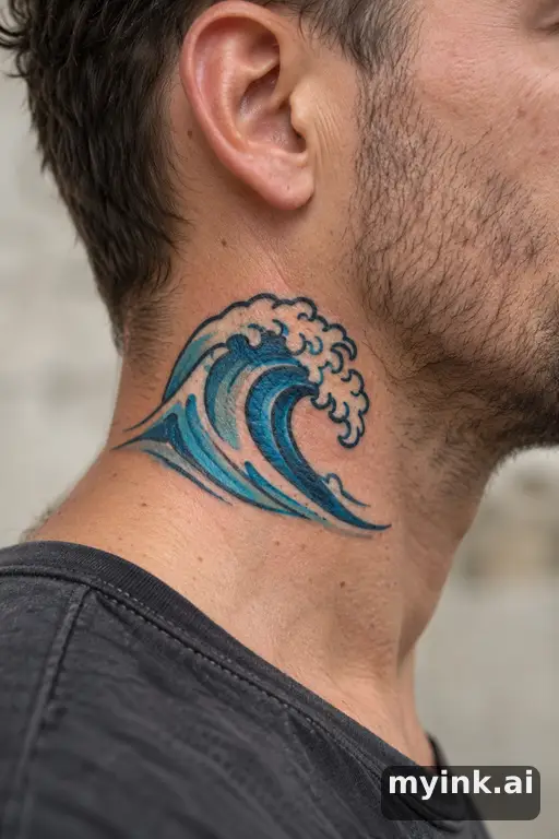 Single-line ocean wave — Traditional Neck Tattoo reference image