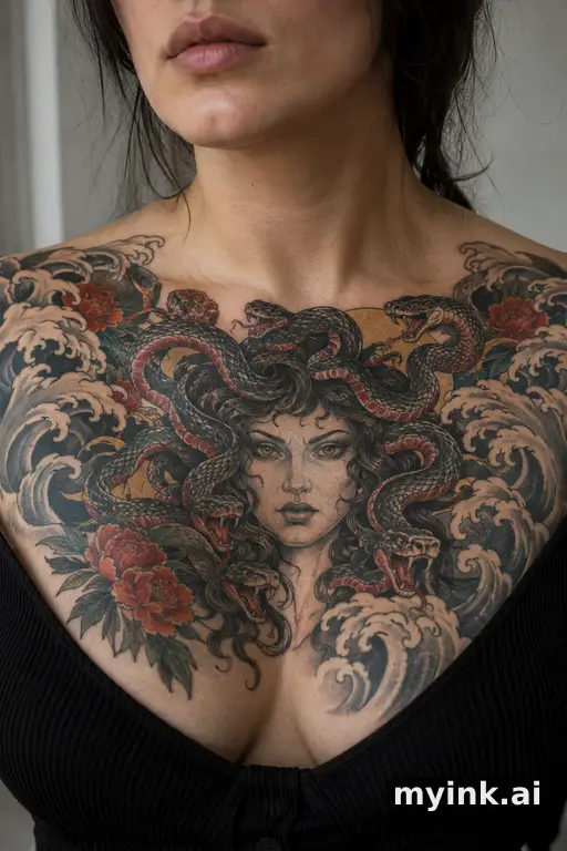 Medusa head with snake hair — Japanese Chest Tattoo reference image