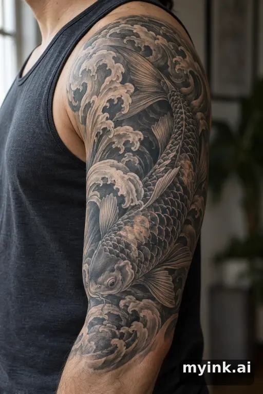 Koi fish swimming through waves β Realistic Half Sleeve Tattoo reference image