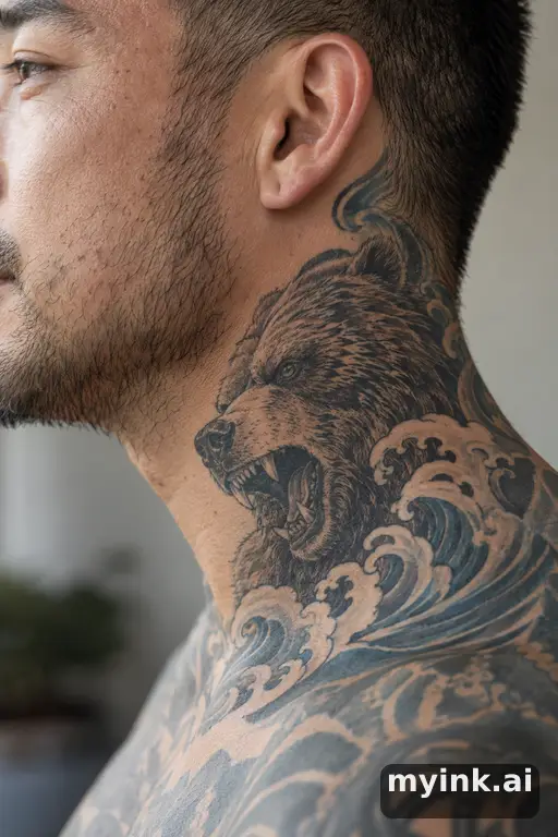Grizzly bear head — Japanese Neck Tattoo reference image