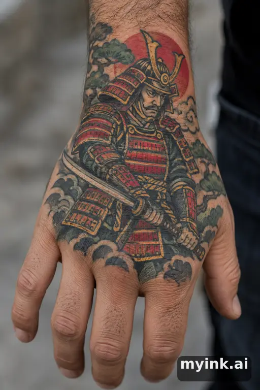 Samurai warrior with a katana — Traditional Hand Tattoo reference image