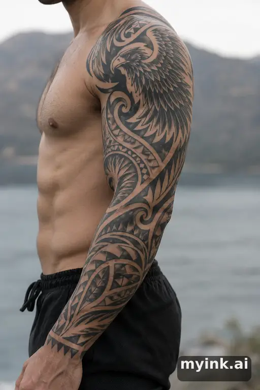 Eagle with spread wings — Tribal Sleeve Tattoo reference image