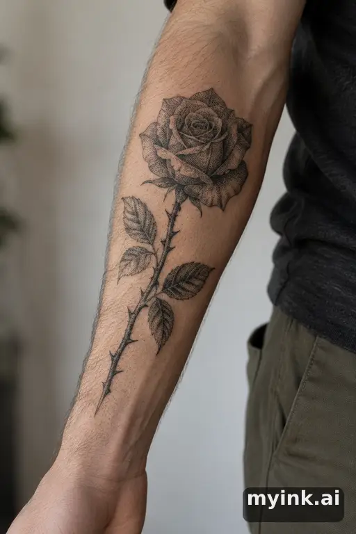 Rose with thorny stem — Dotwork Forearm Tattoo reference image